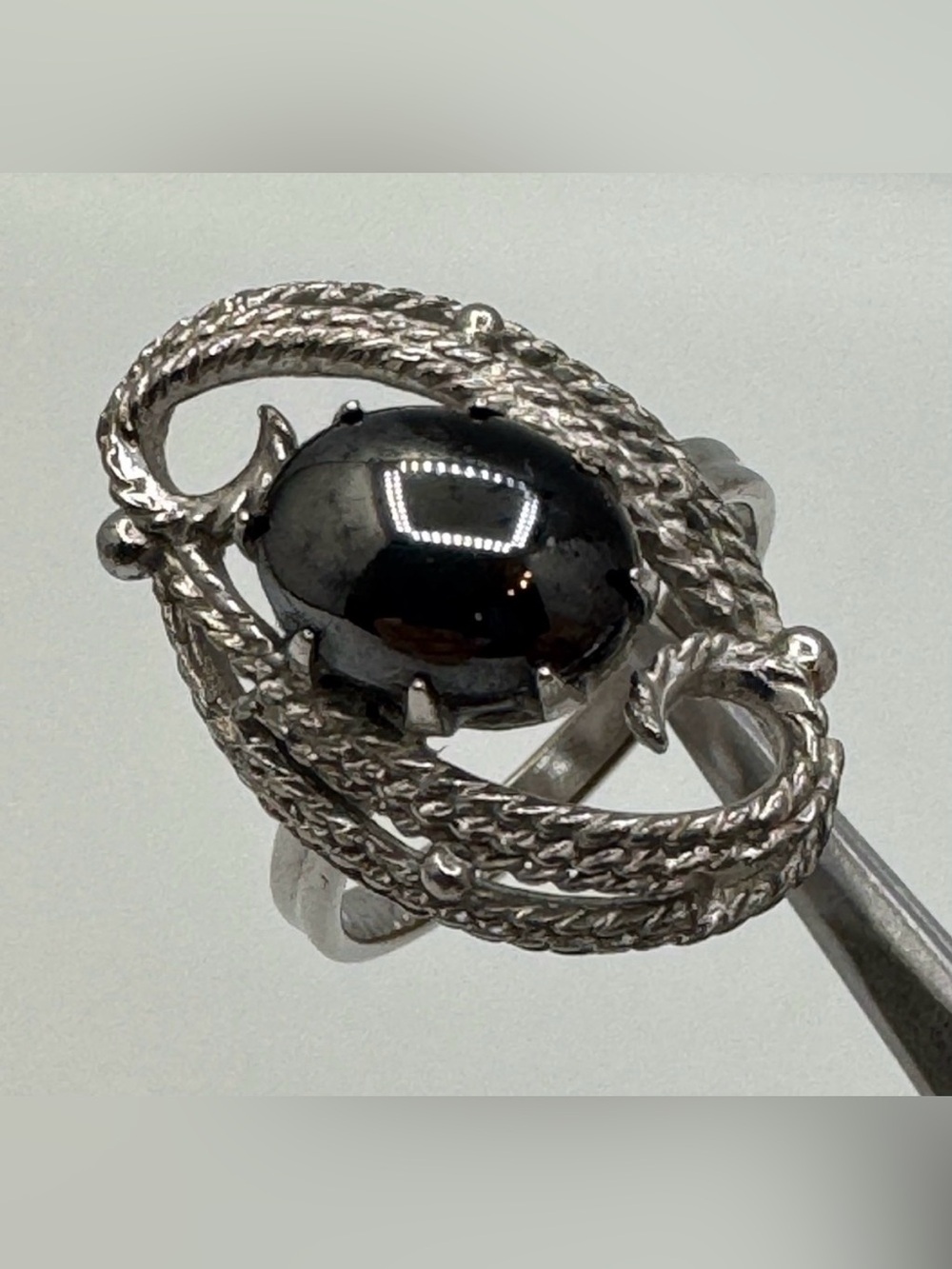 Sarah Coventry Silver Tone Black Cabochon Adjustable Statement Ring